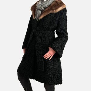Vintage Black Persian Lamb & Mink Belted Genuine Fur Coat Curly Embroidered 38"